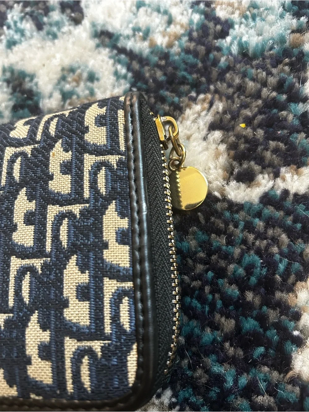 Dior Navy and Cream Jacquard Zip Wallet with Gold Logo